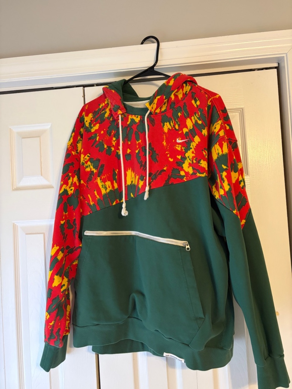 Nike Green Zip-Up Hoodie with Red and Yellow Tie-Dye Accents